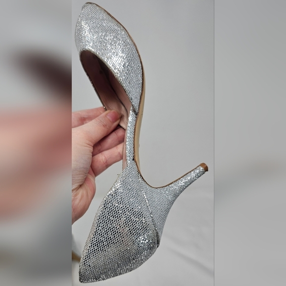 Kate Spade New York Silver Glitter Sage D'Orsay Peep Toe Heel Pumps Size 8B - Picture 6 of 14